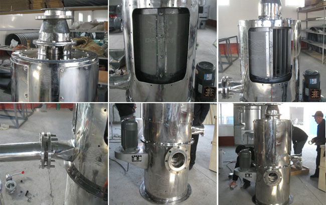 小型立式氣流篩細節：立式氣流篩篩網，立式氣流篩出料口，立式氣流篩電機。