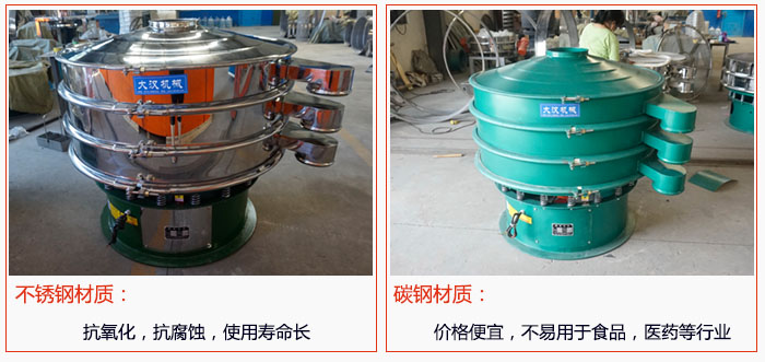 800型振動篩有不銹鋼和碳鋼兩種材質，不銹鋼材質：抗氧化，抗腐蝕，使用壽命長 碳鋼材質：價格便宜，不易篩分食品，化工，醫藥等行業的物料。