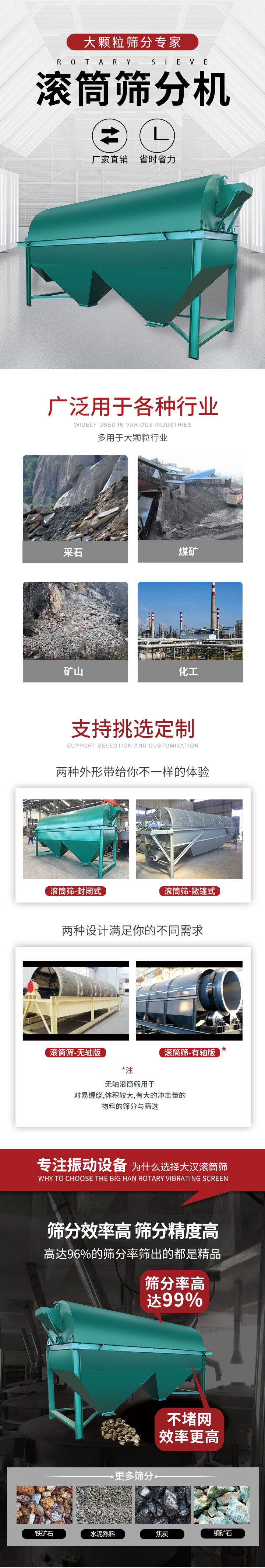 滾筒篩分機(jī)大顆粒篩分專家：廠家直銷(xiāo)，省時(shí)省力。滾筒篩被廣泛應(yīng)用各種行業(yè)：多用于大顆粒行業(yè)例如：采石，煤礦，礦山，化工等。滾筒篩定制類型有哪些：封閉式與敞篷式產(chǎn)品結(jié)構(gòu)分為：無(wú)軸式，有軸式兩種，無(wú)軸滾筒篩用于對(duì)纏繞，體積較大，有大的沖擊量的物料的篩分與篩選。滾筒篩篩分效率高篩分精度能夠達(dá)到：96%也比較適用于鐵礦石，水泥熟料，焦炭，銅礦石。滾筒篩特點(diǎn)：不飛粉末：密封隔離罩，密封性好，工作過(guò)程不會(huì)出現(xiàn)飛粉現(xiàn)象。外型尺寸是按筒體長(zhǎng)計(jì)