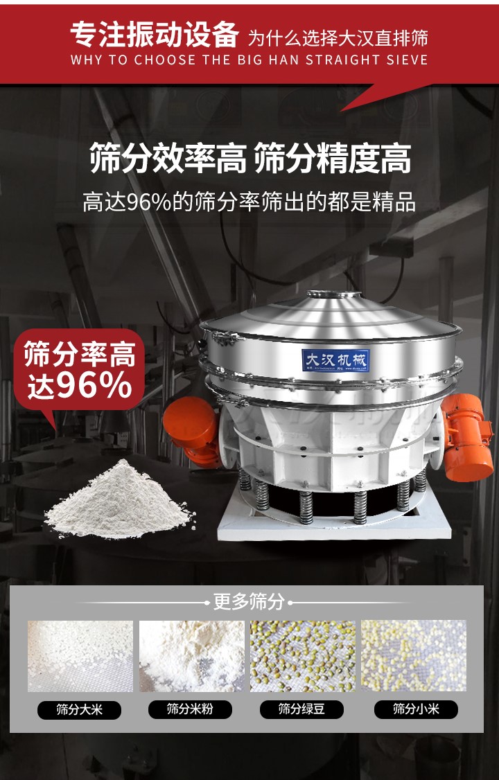 直排篩適用物料有面粉，淀粉，洗衣粉，金屬粉，添加劑，化工，非礦等行業。