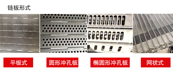鏈板輸送機鏈板的不同形式：平板式，圓形沖孔板，網狀式等